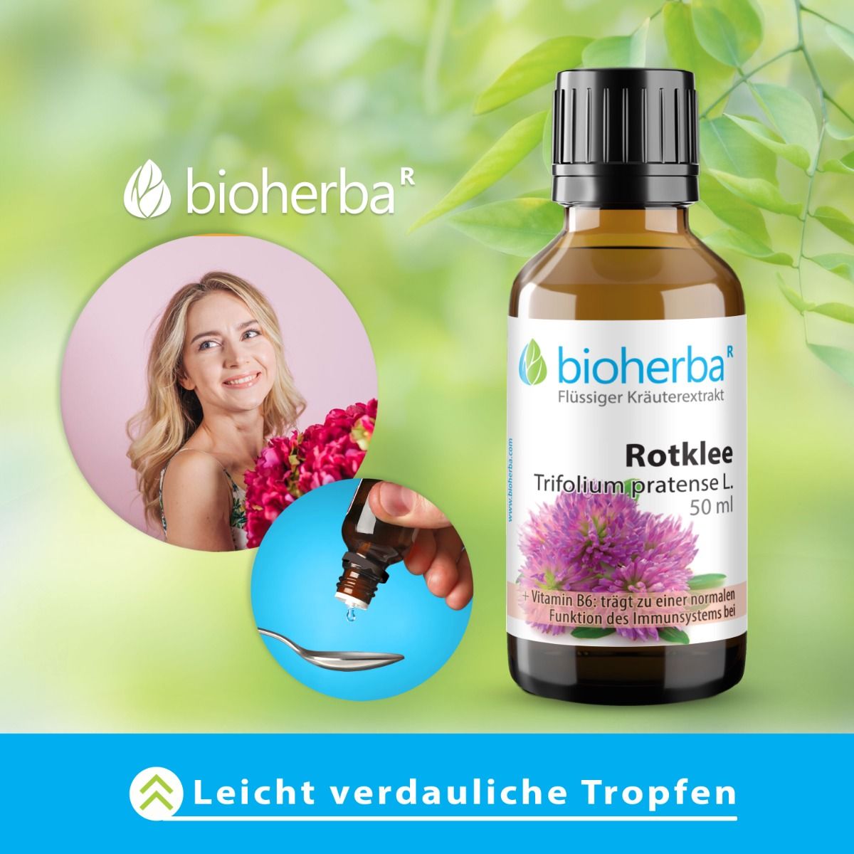 Braune Glasflasche mit Etikett. Frau hält Löffel mit Tropfen. Text: Rotklee, Trifolium pratense L. 50 ml.