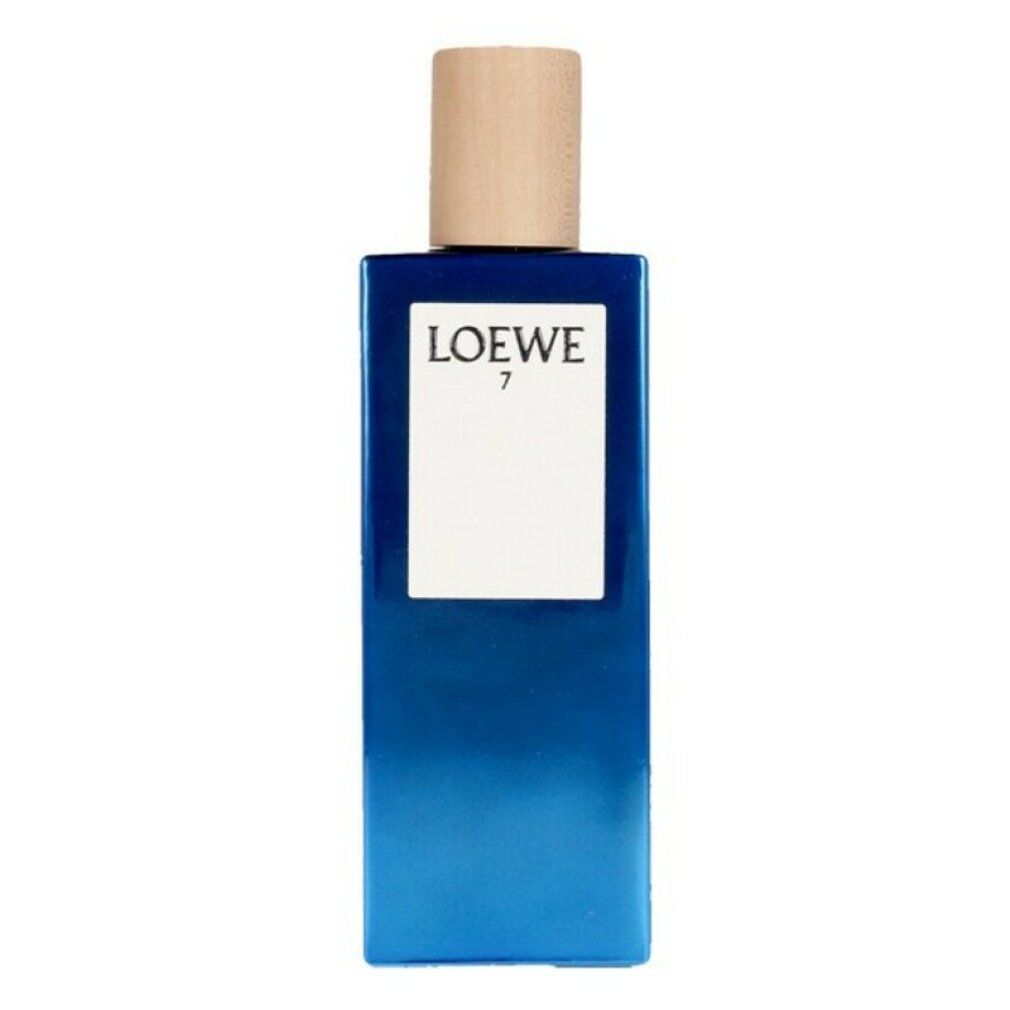 Blaues Flakon mit Holzverschluss. Auf weißem Etikett steht "LOEWE 7".