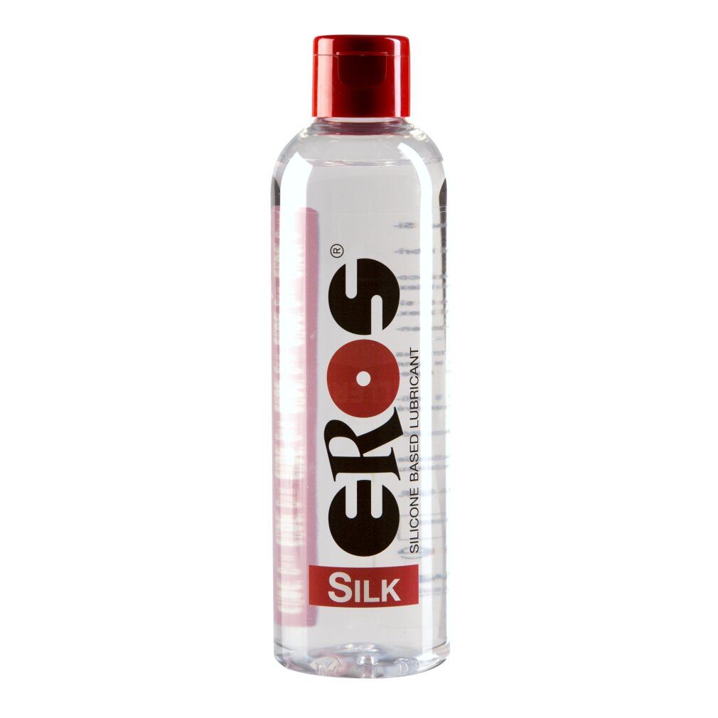 Klare Flasche mit rotem Deckel. Aufdruck: EROS SILK. Silikonbasiertes Gleitmittel.