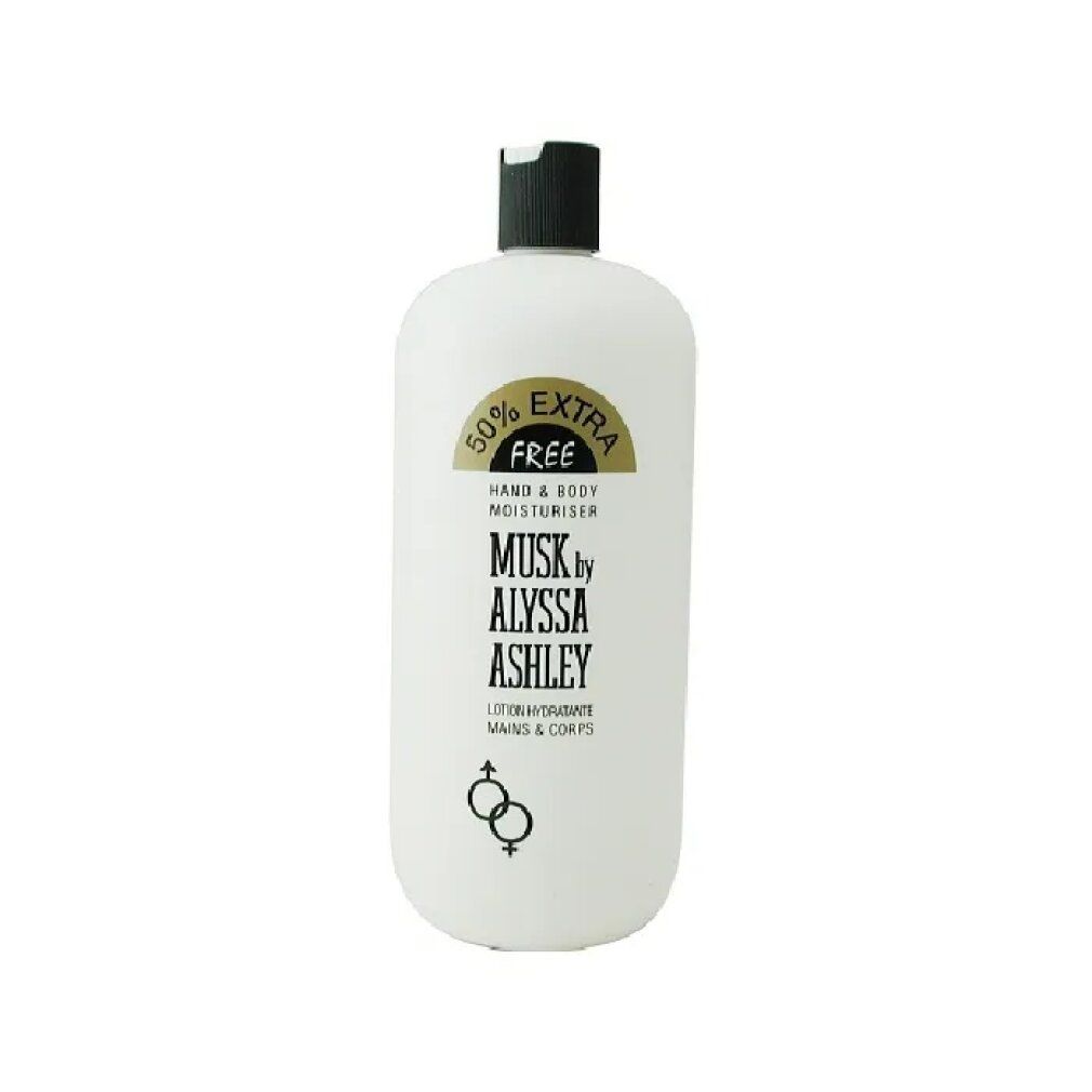 Weiße Flasche mit schwarzem Deckel. Aufschrift Musk by Alyssa Ashley Hand & Body Moisturiser. Enthält 50% extra.