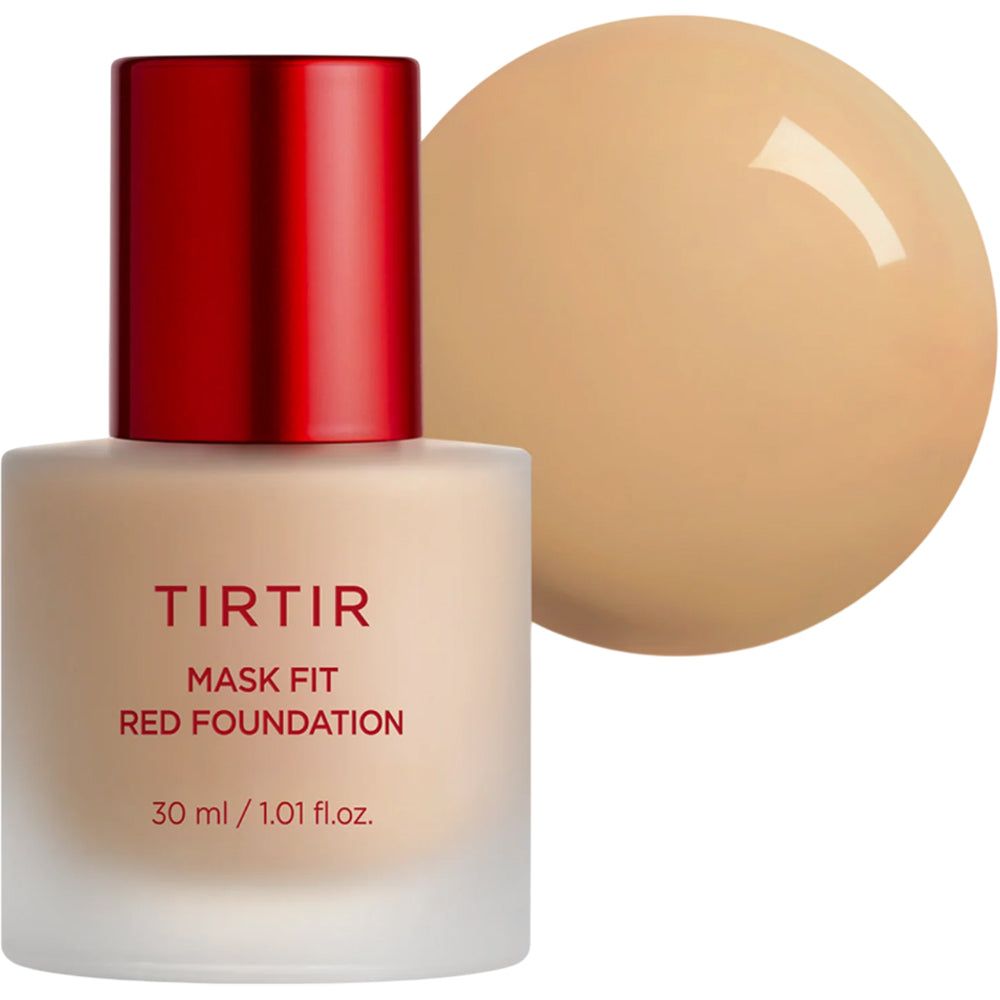 TIRTIR Mask Fit Red Foundation Flasche mit rotem Deckel und Produktprobe. Text: TIRTIR Mask Fit Red Foundation.