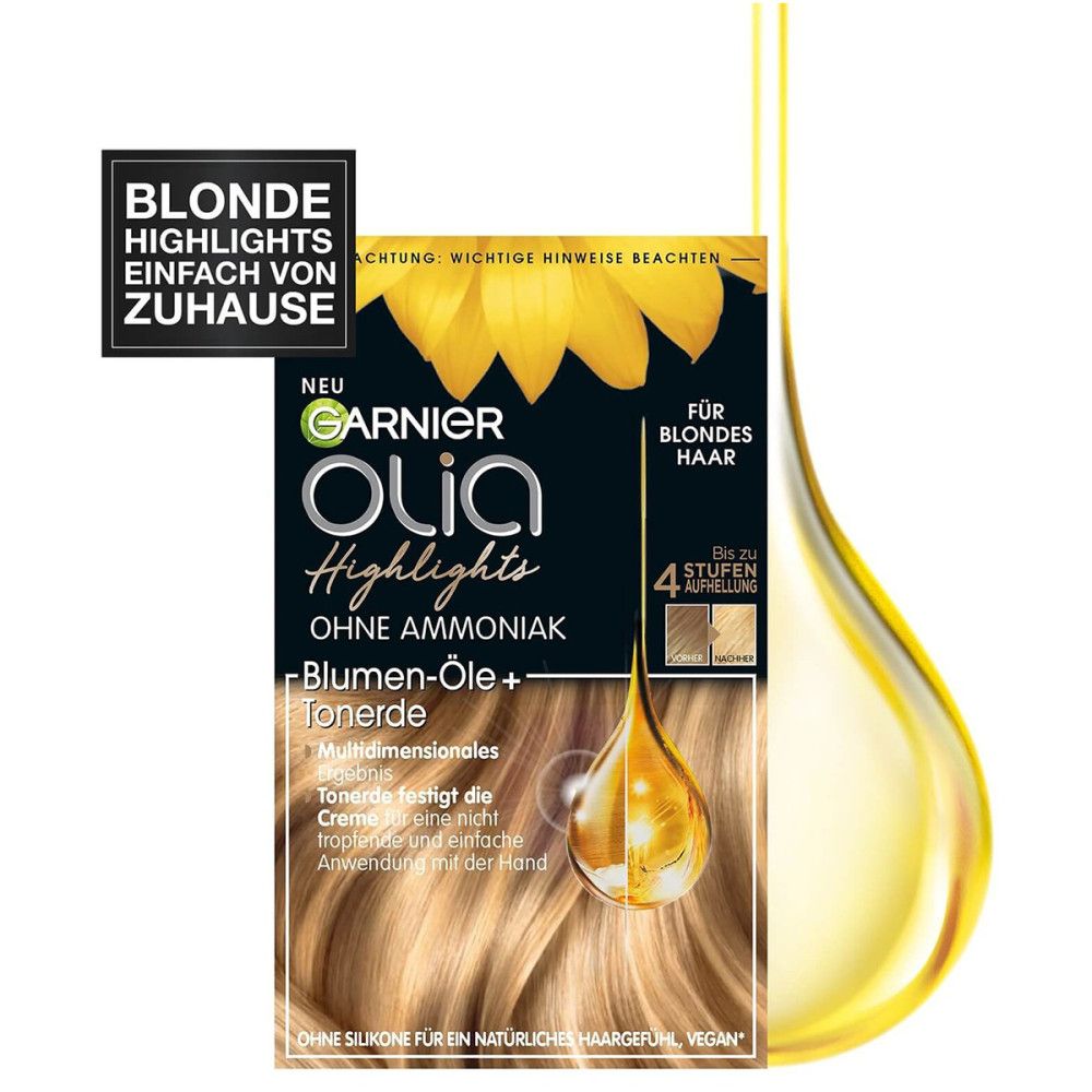 Garnier Olia Highlights Packung. Blondes Haar, ohne Ammoniak. Sonnenblumen-Öle. Text auf der Packung. Aufkleber: Blonde Highlights zu Hause.