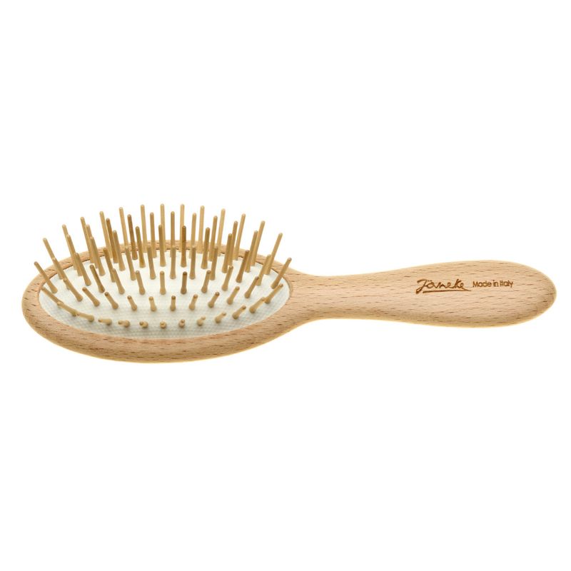 Ovale Holzbürste mit Holzstiften. Griff mit Janeke-Logo und „Made in Italy“-Schriftzug. Natürliche Farbe.