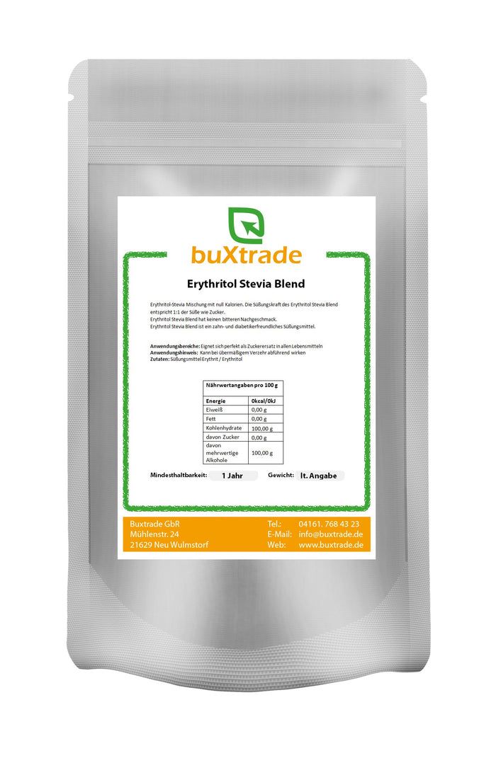 Beutel mit buXtrade Erythritol Stevia Blend. Grün-weißes Etikett mit Produktinformationen und Nährwerttabelle.