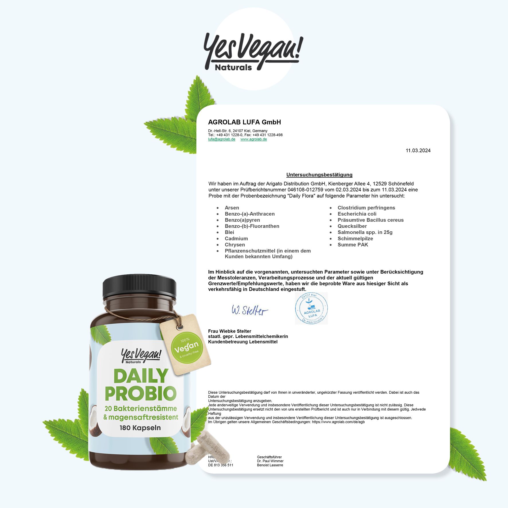 Dokument mit Text und Logo von Yes Vegan! Naturals. Flasche mit Yes Vegan! Daily Probio, 180 Kapseln. Text: Agrolab LUFA GmbH.