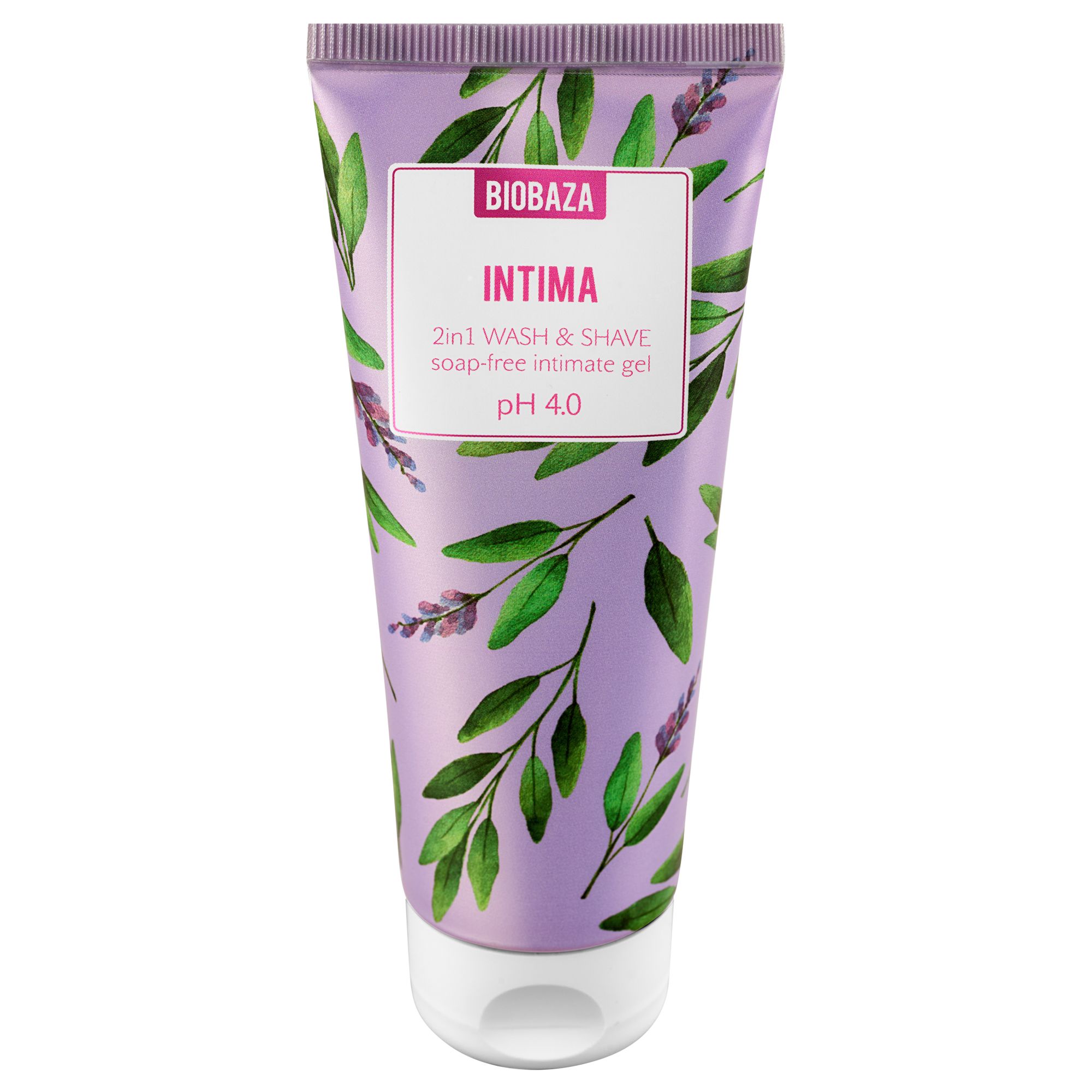 Lila Tube mit floralem Muster. Text: BIOBAZA INTIMA 2in1 WASH & SHAVE, seifenfreies Intim-Gel, pH 4.0. Weißer Verschluss.
