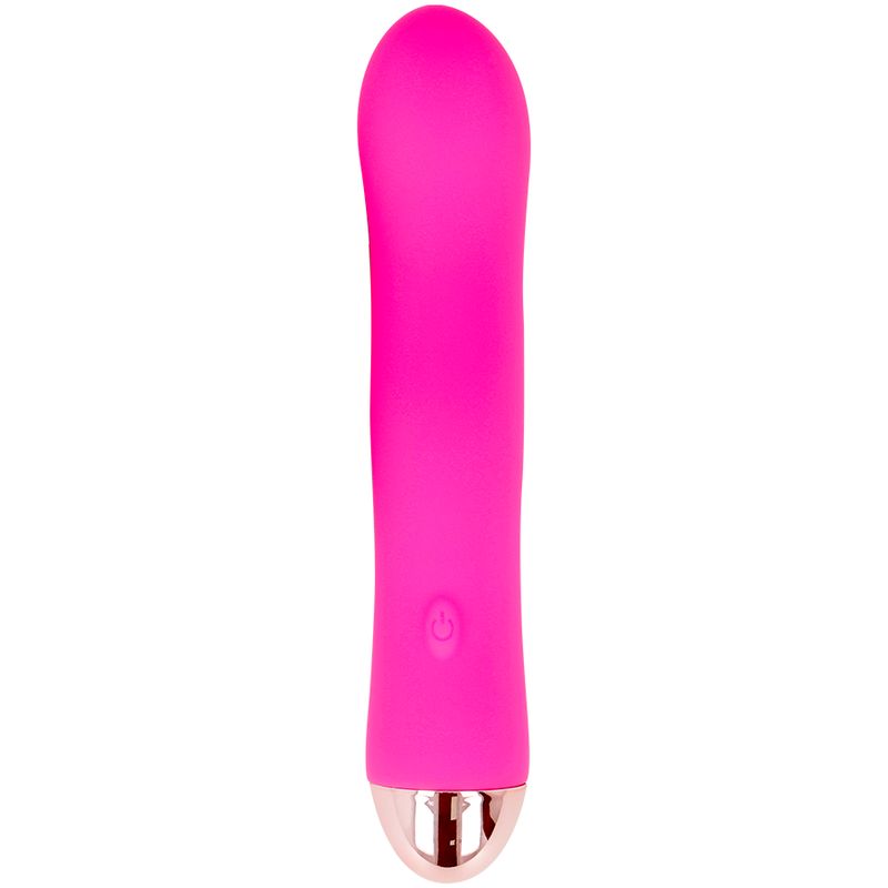 Pinkfarbener Silikon-Vibrator mit goldfarbenem Ende. Auf der Oberfläche befindet sich ein Power-Symbol.