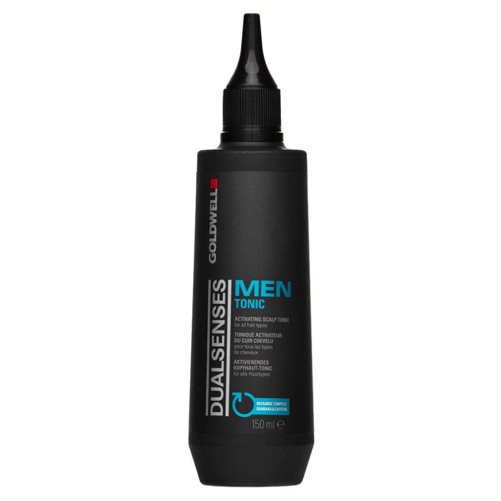 Schwarze Flasche mit schwarzem Applikator. Aufschrift: Goldwell Dualsenses Men Tonic. Aktivierendes Kopfhaut-Haartonic. 150ml.