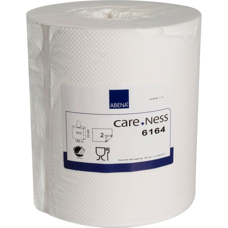 Rolle weiße Papierhandtücher, verpackt. Marke ABENA, Produktname Care.Ness 6164. Mit Symbolen für Abmessungen und Zertifizierung.