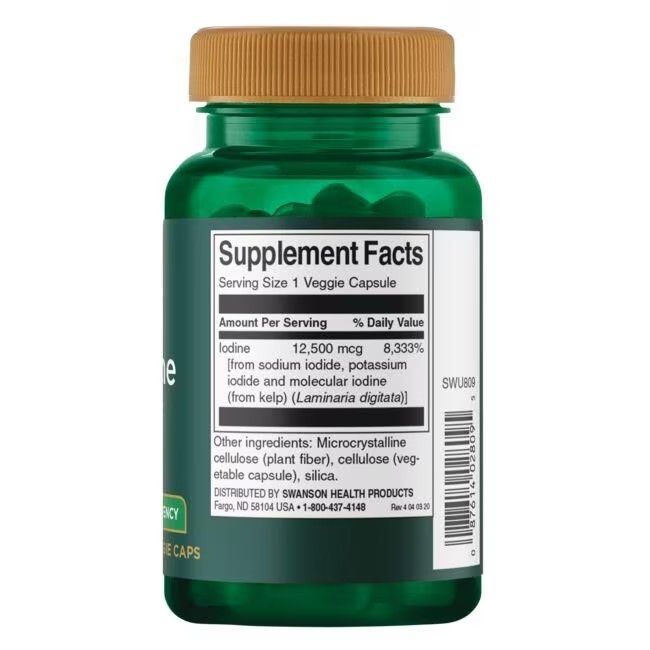 Grüne Flasche mit braunem Deckel. Etikett mit Nährwertangaben, Inhaltsstoffen und Herstellerinformationen. Kapseln sichtbar.