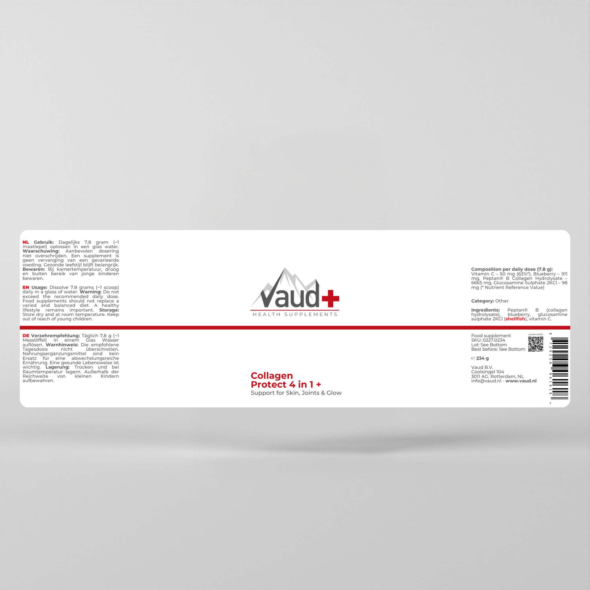 Produktetikett mit Text: Vaud+ Health Supplements, Collagen Protect 4 in 1. Inhaltsstoffe und Nährwertangaben.