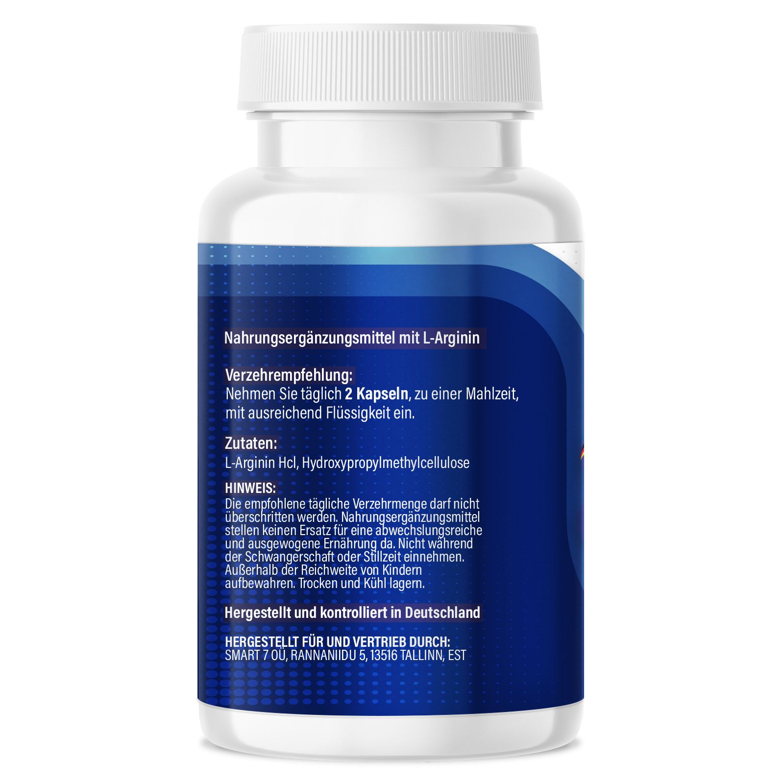 Rückseite der Flasche mit Text. Verzehrempfehlung: 2 Kapseln. Zutaten: L-Arginin HCL, Hydroxypropylmethylcellulose. Hergestellt in Deutschland.