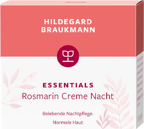 Creme-Dose von Hildegard Braukmann Essentials Rosmarin Creme Nacht. Text: Essentials, Rosmarin Creme Nacht, Rosemary Cream Night.