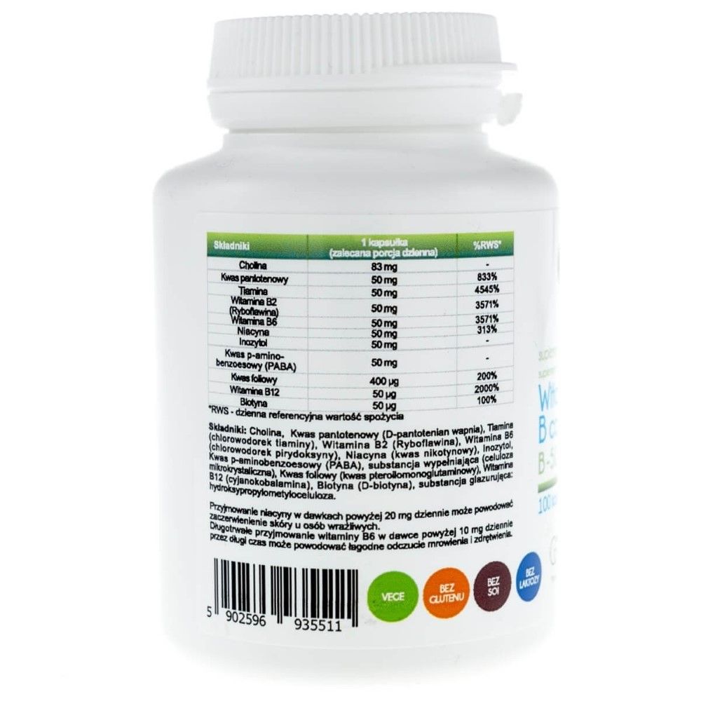 Aliness Vitamin B-Komplex B-50: Rückseite mit Nährwerttabelle, Barcode und Siegeln (Veggie, Glutenfrei, Sojafrei).