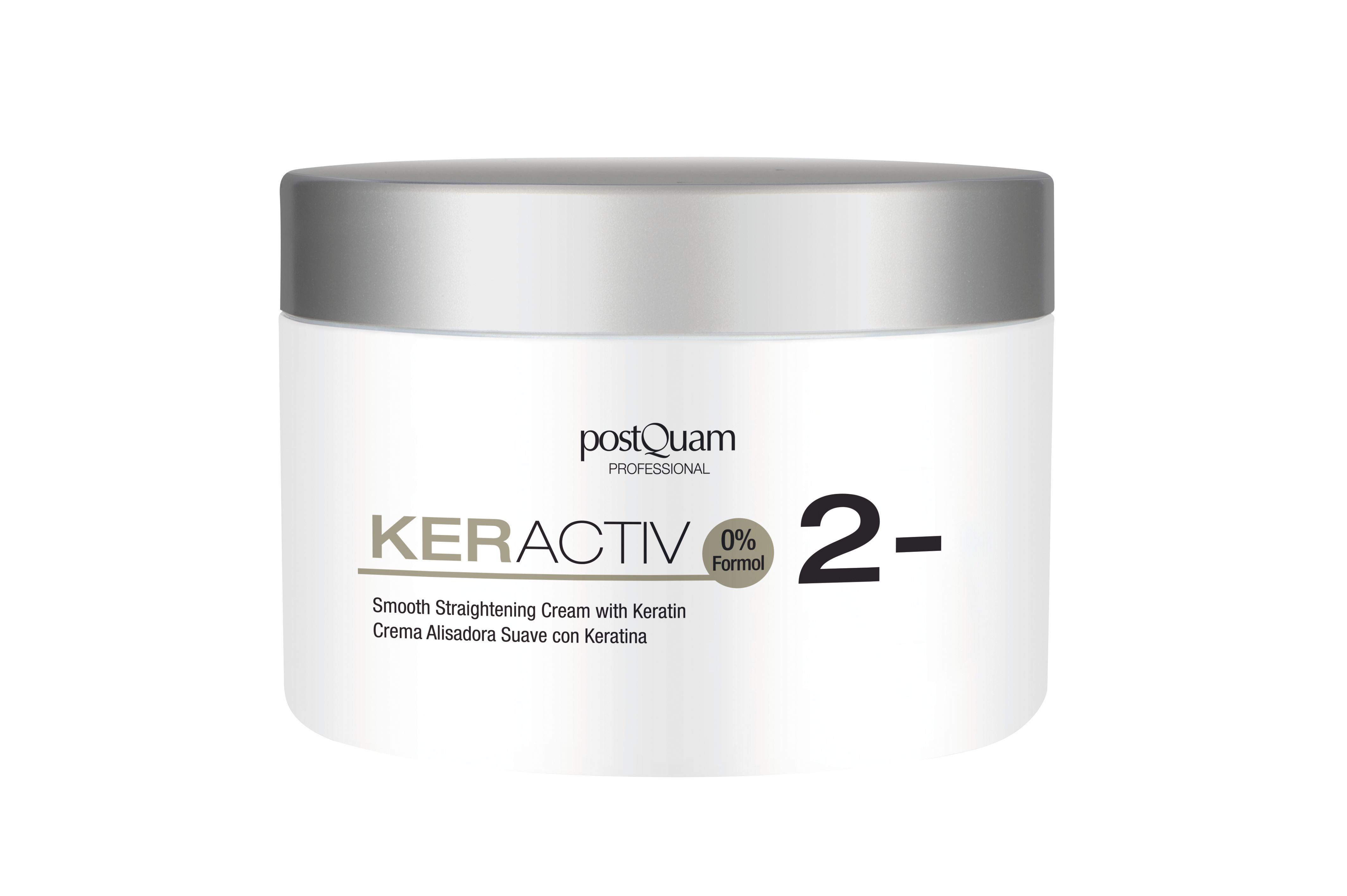 Weißer Tiegel mit silbernem Deckel. Aufschrift: KERACTIV, 0% Formal, 2-. Text: Smooth straightening cream with Keratin.