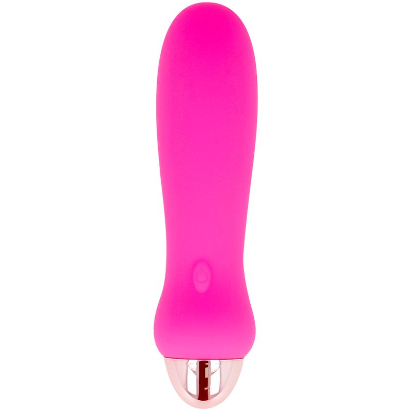 Pinker Silikon-Vibrator mit kupferfarbenem Detail am unteren Ende und einem Knopf.