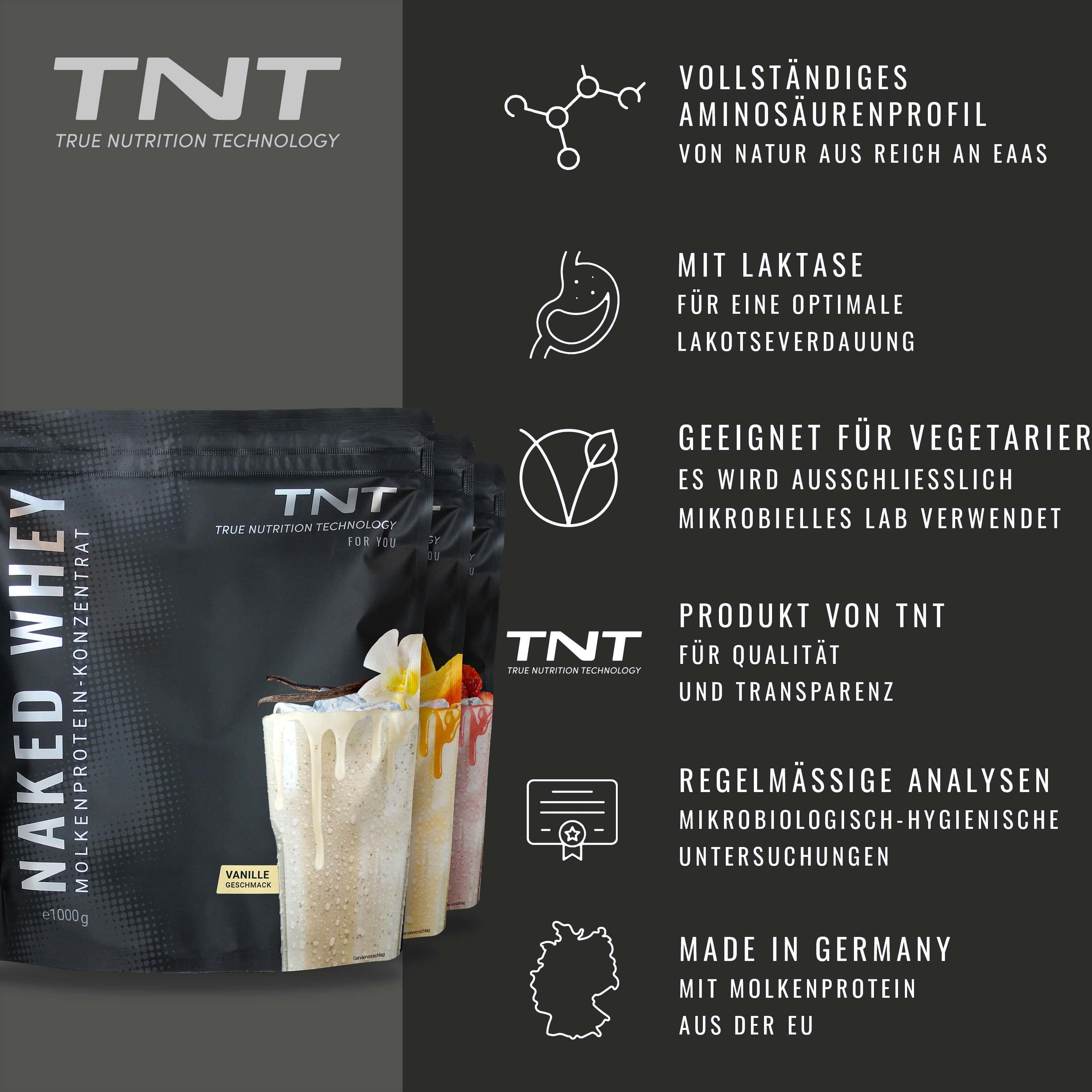 Drei TNT Naked Whey-Verpackungen. Text: Molkenproteinkonzentrat. Grafiken: Aminosäuren, Laktase, vegetarisch, TNT-Logo, Made in Germany.