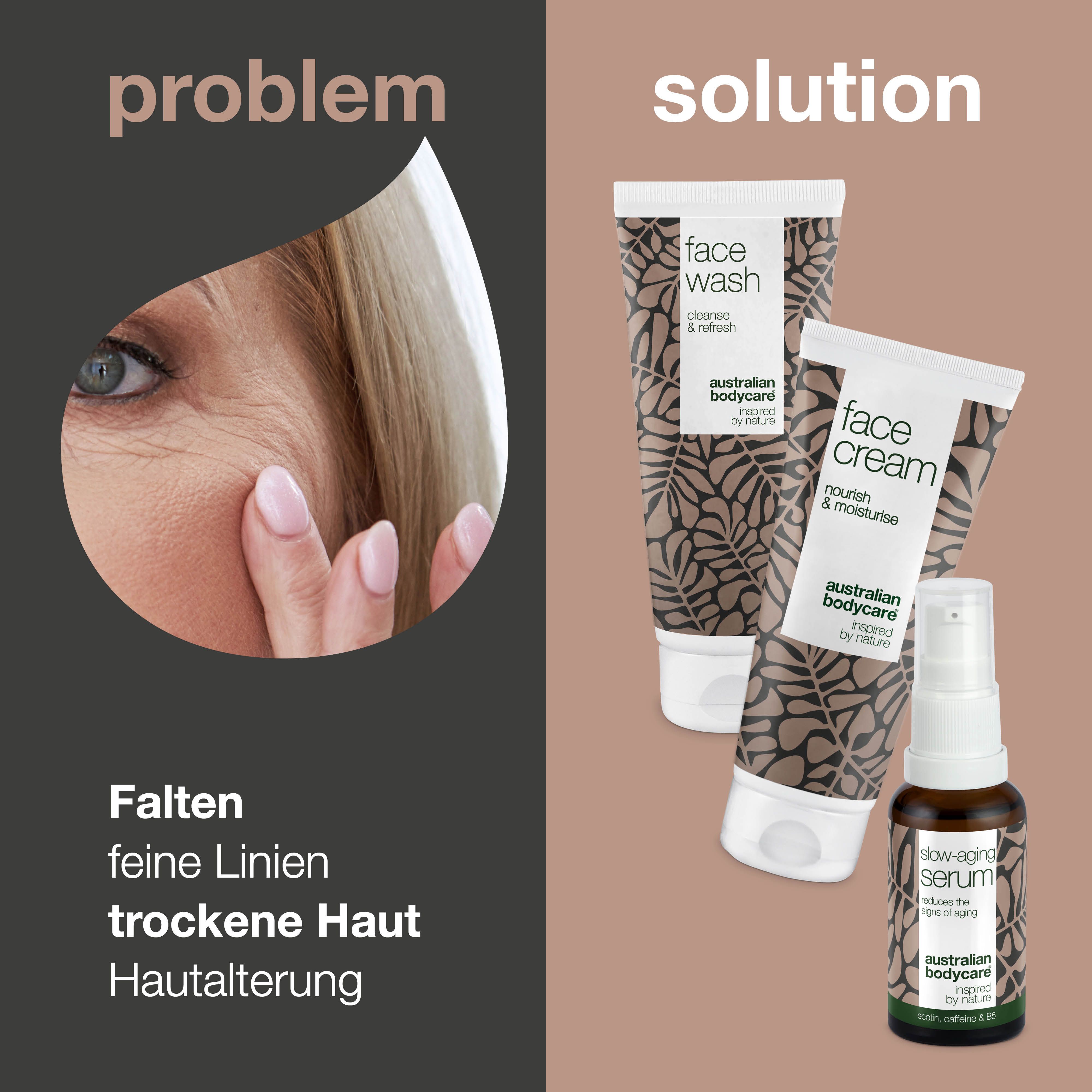 Problem: Falten, feine Linien, trockene Haut. Lösung: Gesichtswäsche, Creme und Serum. Marke: Australian Bodycare.