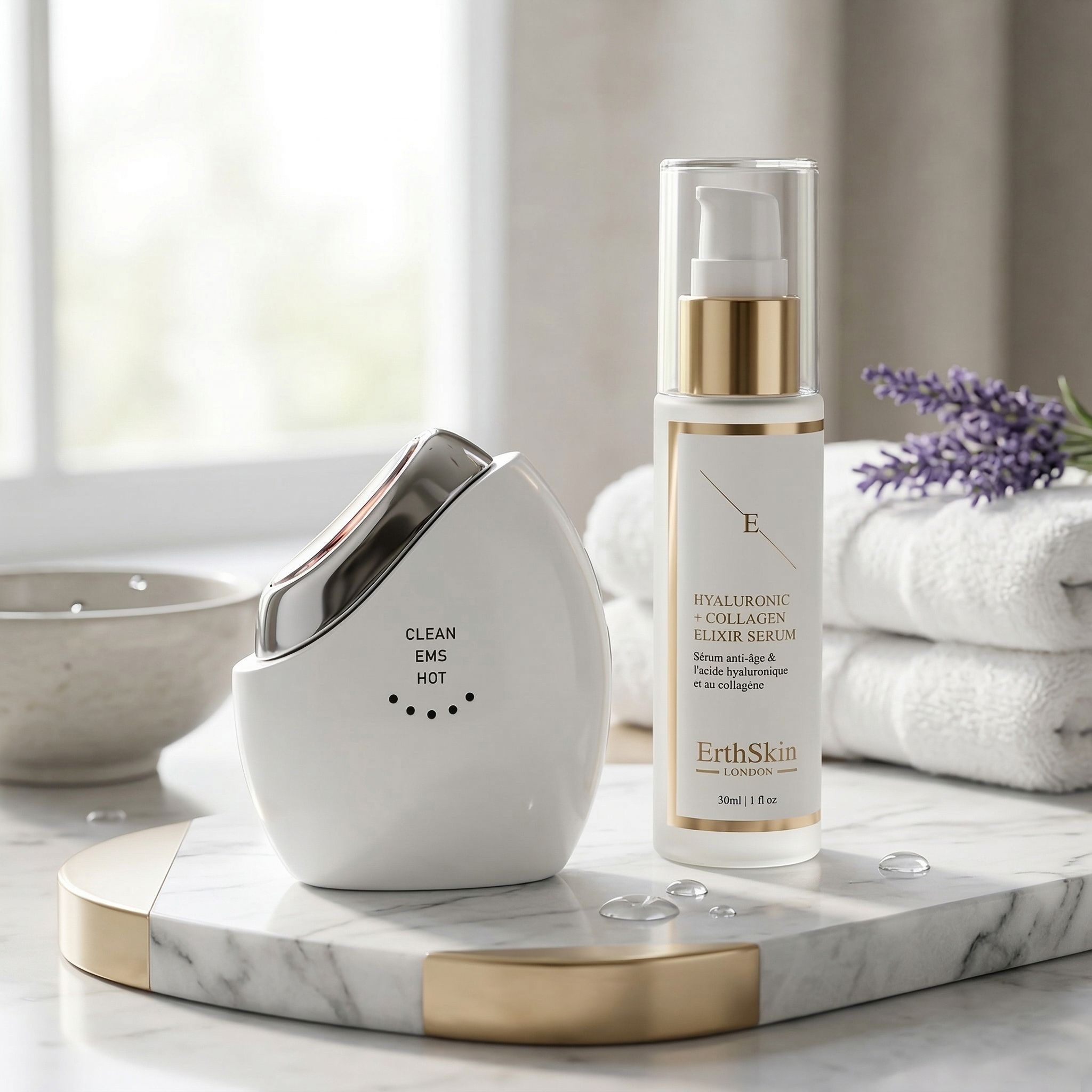 Wellness-Set mit weißem EMS-Sculptor und Hyaluronsäure-Serumflasche auf Marmorplatte mit Handtüchern und Lavendel.
