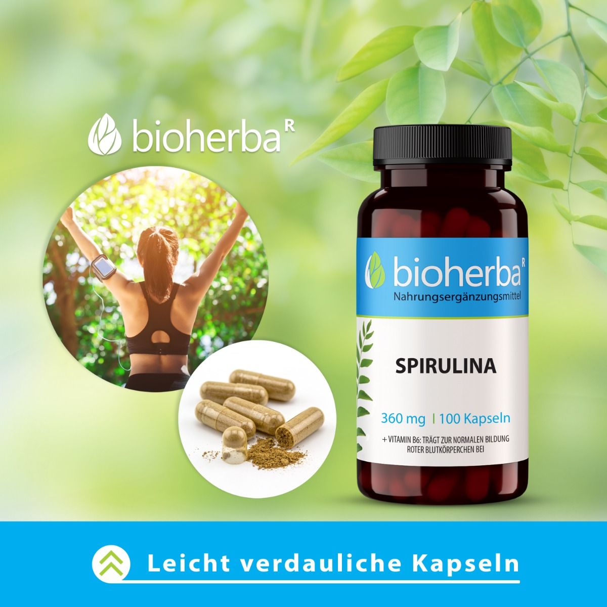 Braune Glasflasche mit Spirulina-Kapseln. Logo Bioherba. Text: 360 mg | 100 Kapseln. Leicht verdauliche Kapseln.
