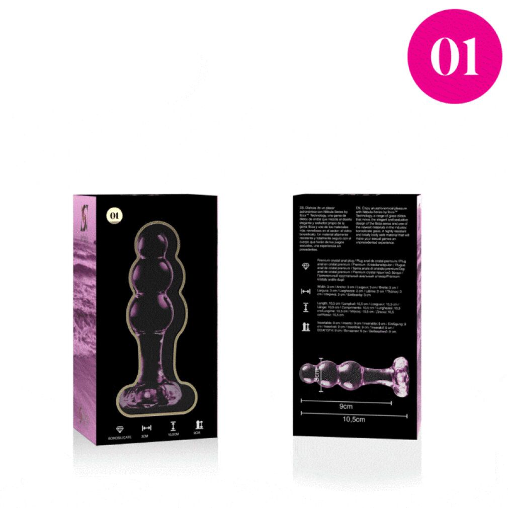 Verpackung und rosa Glas-Analplug mit kugelförmigen Segmenten. Maße sichtbar.