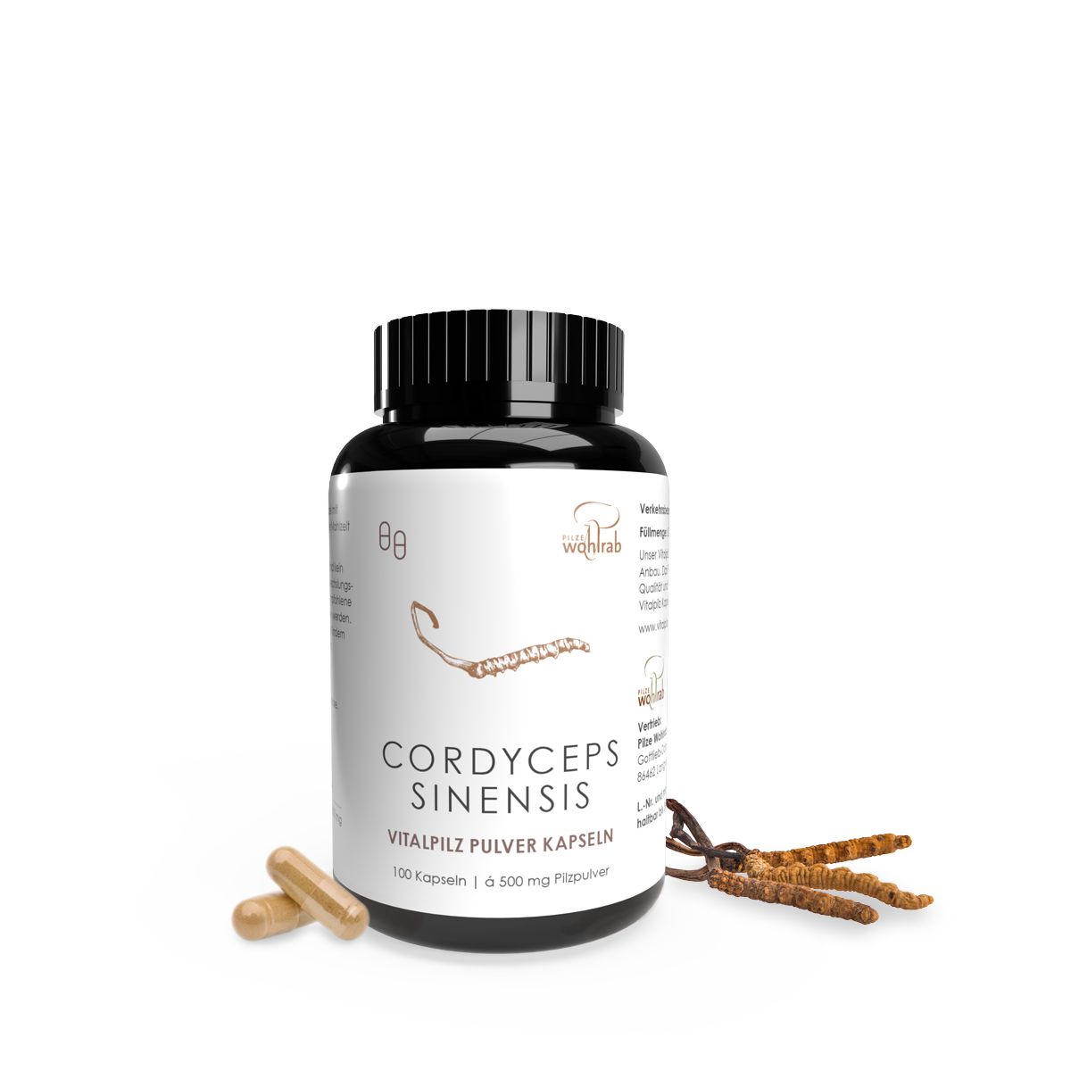 Braune Kapseln und Cordyceps Sinensis neben einer schwarzen Flasche mit Cordyceps Sinensis Pulverkapseln. Aufschrift: Vitalpilz Pulverkapseln.
