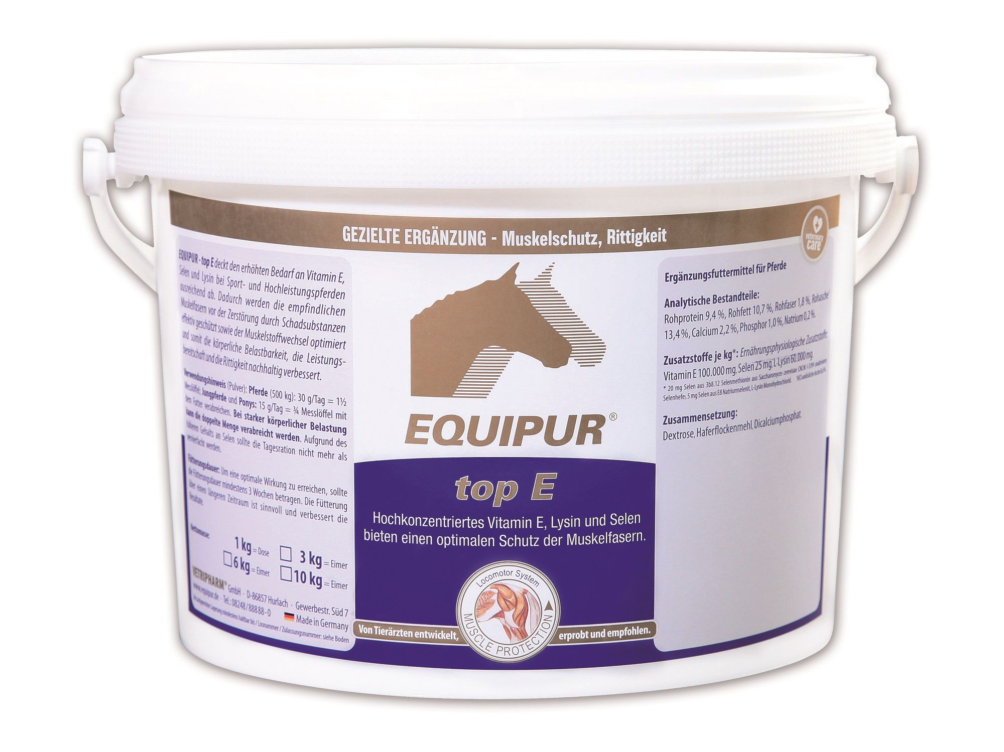 EQUIPUR top E Eimer mit konzentriertem Vitamin E, Lysin und Selen für optimalen Muskelschutz.