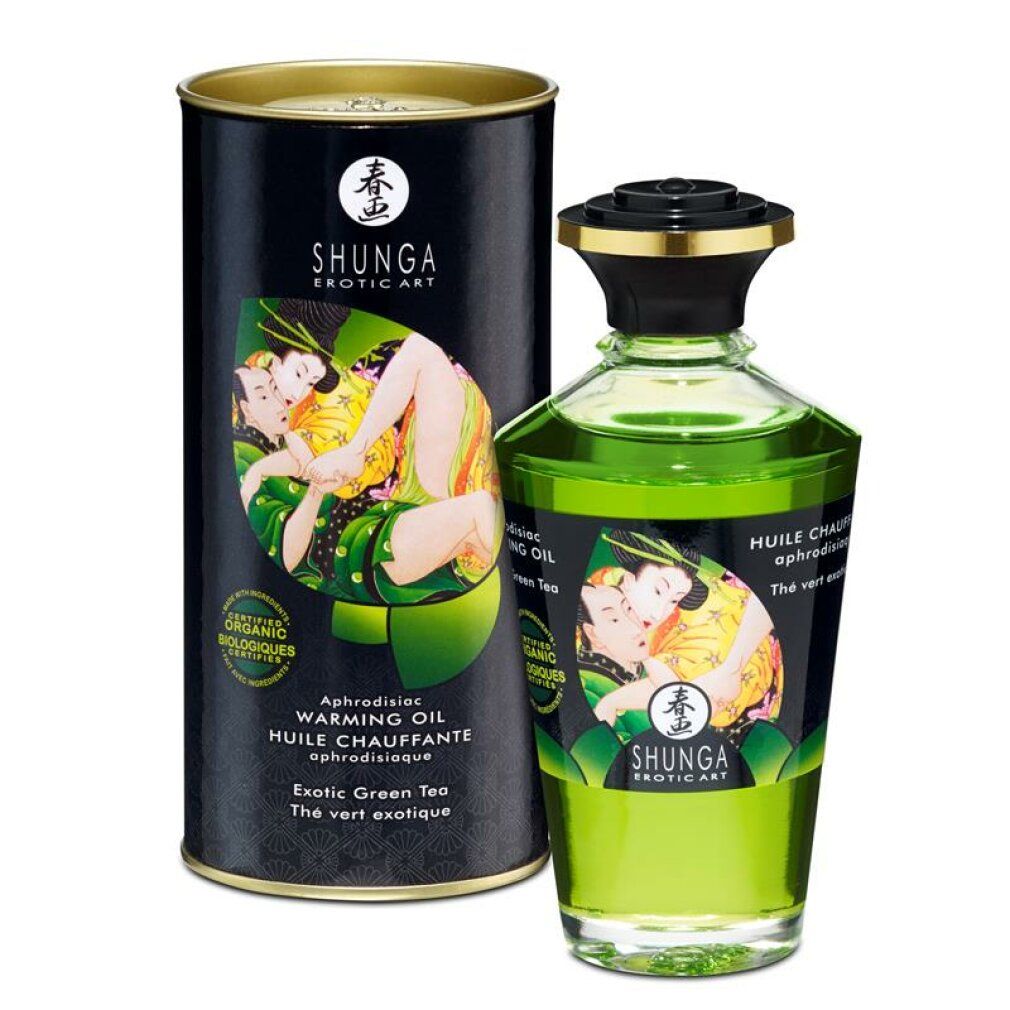 Shunga Massageöl mit Aroma Green Tea, Flasche und Dose. Grünes Öl, Etikett mit Küssen.