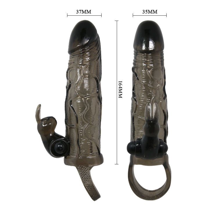 Penishülle mit Rabbit-Vibrator, transparent-schwarz. Mit Vibrationsfunktion und Ring. Maße: 164x37/35mm.