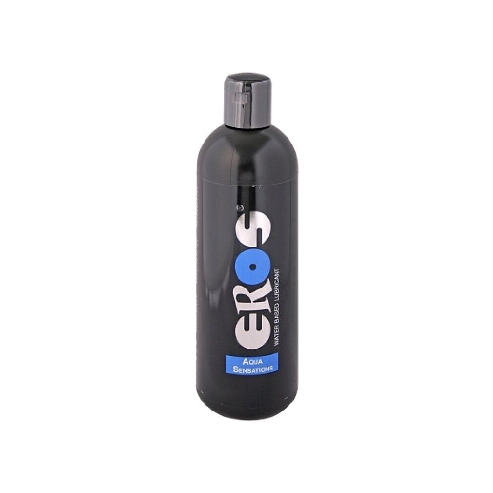 Schwarze Flasche mit silbernem Deckel. "Eros"-Logo, blauer Kreis und "Aqua Sensations" sind sichtbar.