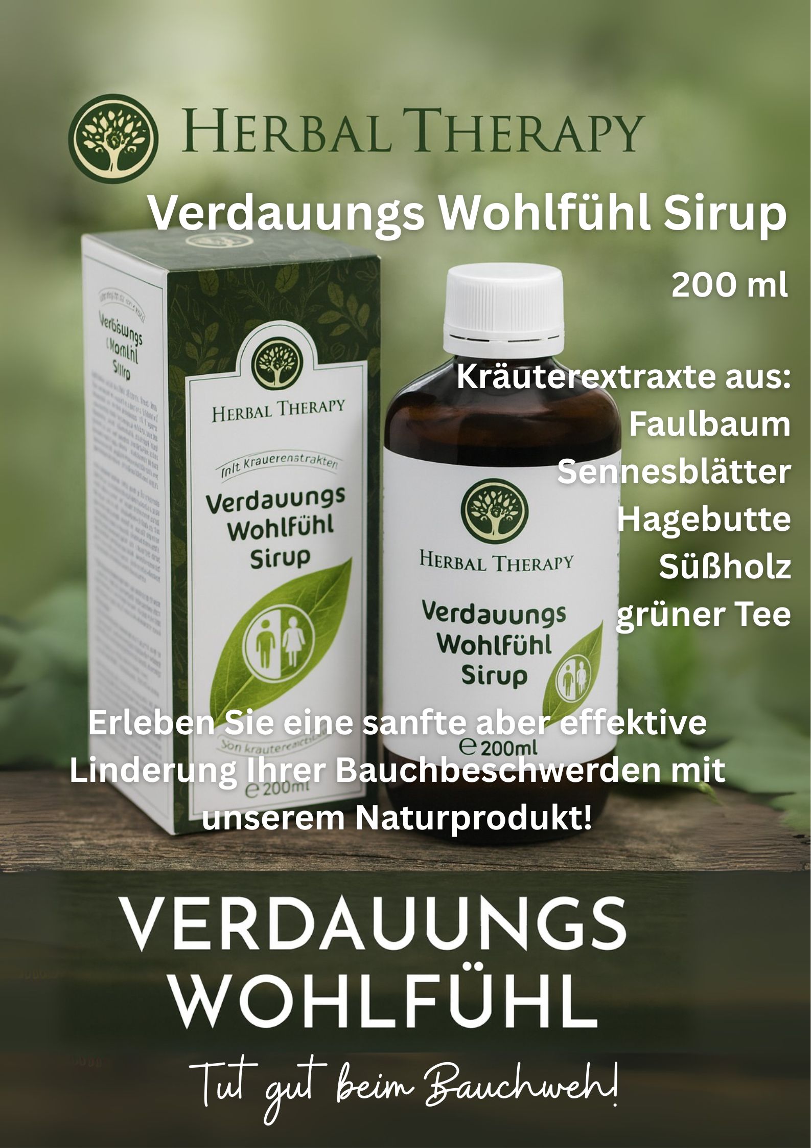 Werbebild mit Flasche und Verpackung. Aufschrift: Herbal Therapy Verdauungs Wohlfühl Sirup. Zutatenliste. Text in deutscher Sprache.
