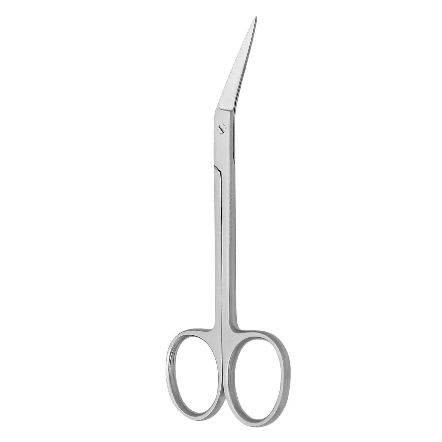 Nagelschere, abgewinkelte Schneide, Edelstahl. Griffe mit runden Ösen. Detailaufnahme, helle Beleuchtung.