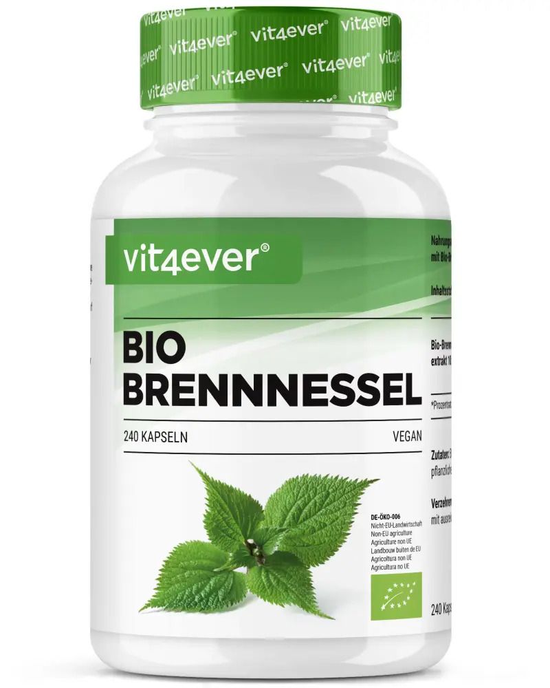 Weiße Flasche mit grünem Deckel. Aufschrift: vit4ever, BIO BRENNNESSEL, 240 Kapseln. Abbildung von Brennnesselblatt.