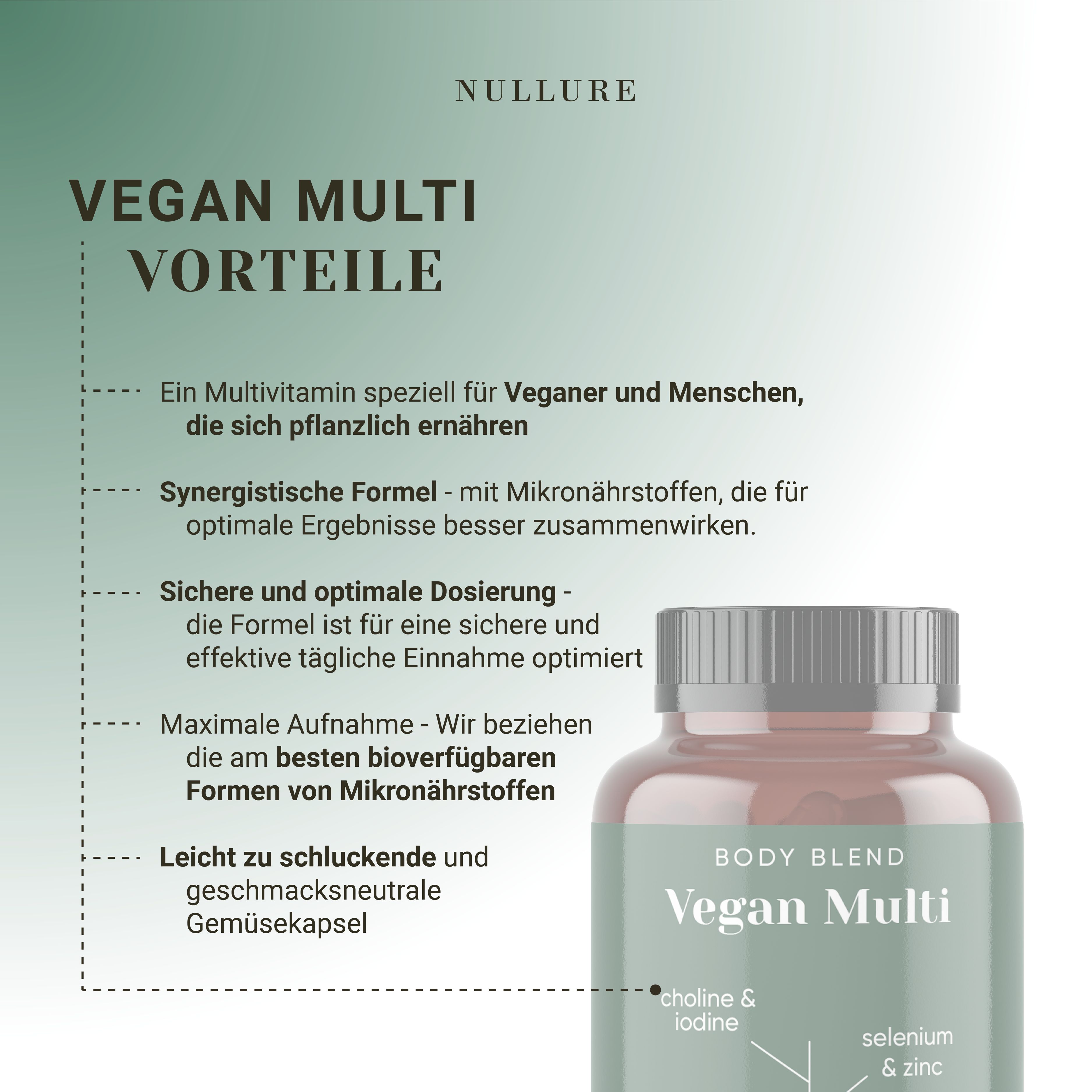 Grüne Flasche mit Kapseln. Text: Vegan Multi, Vorteile. Enthält Cholin, Jod, Vitamin B12, Vitamin D3, Selen und Zink.
