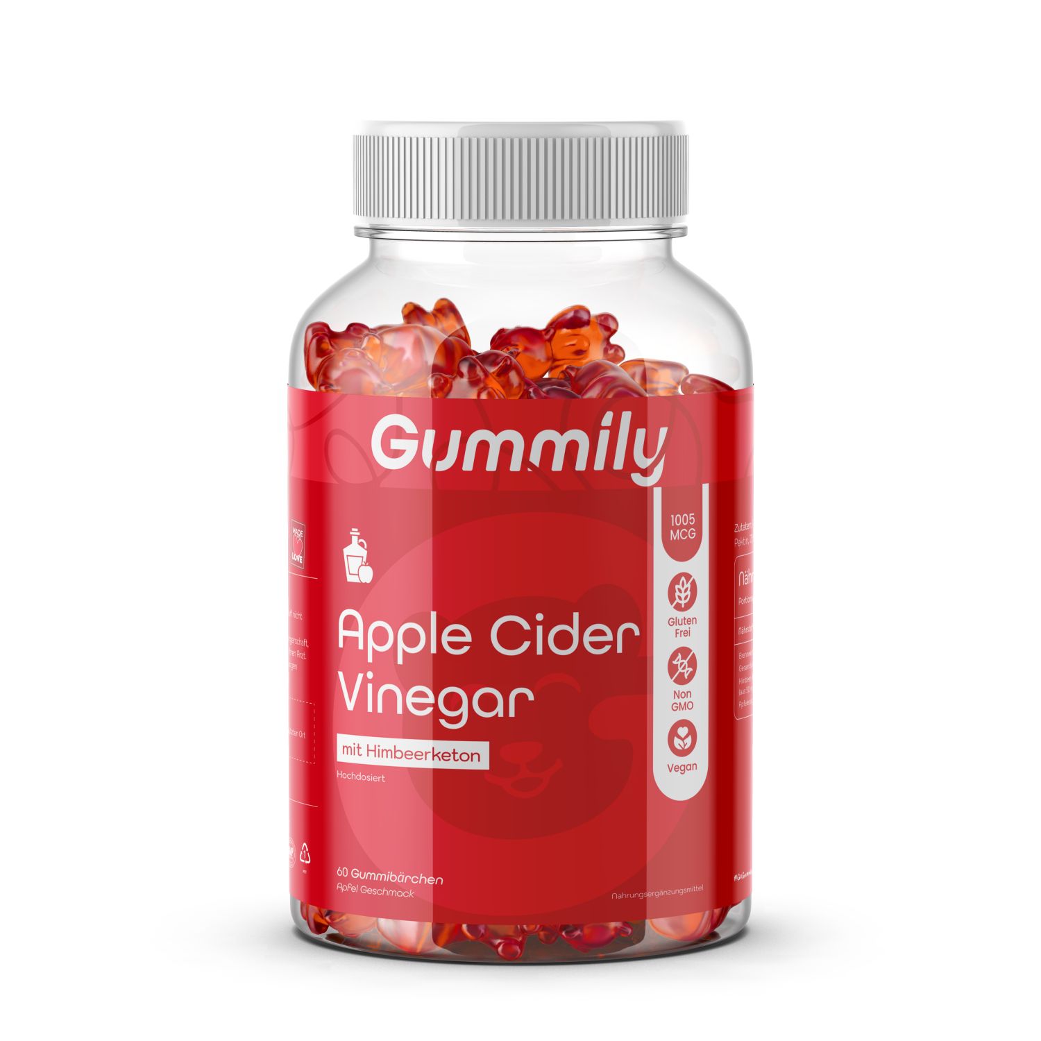 Klare Flasche mit roten Gummibärchen. Rotes Etikett mit "Gummily" und "Apple Cider Vinegar". Enthält 30 Gummibärchen.