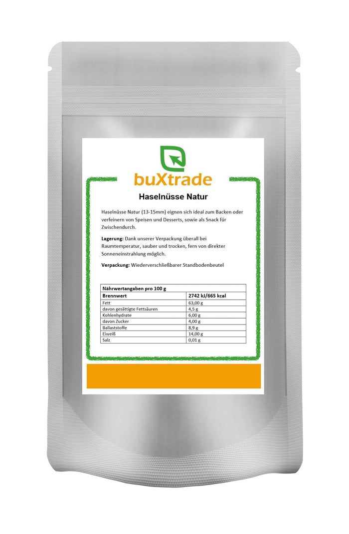 Verpackung von buXtrade Haselnüsse Natur. Wiederverschließbarer Standbodenbeutel mit Nährwertangaben.