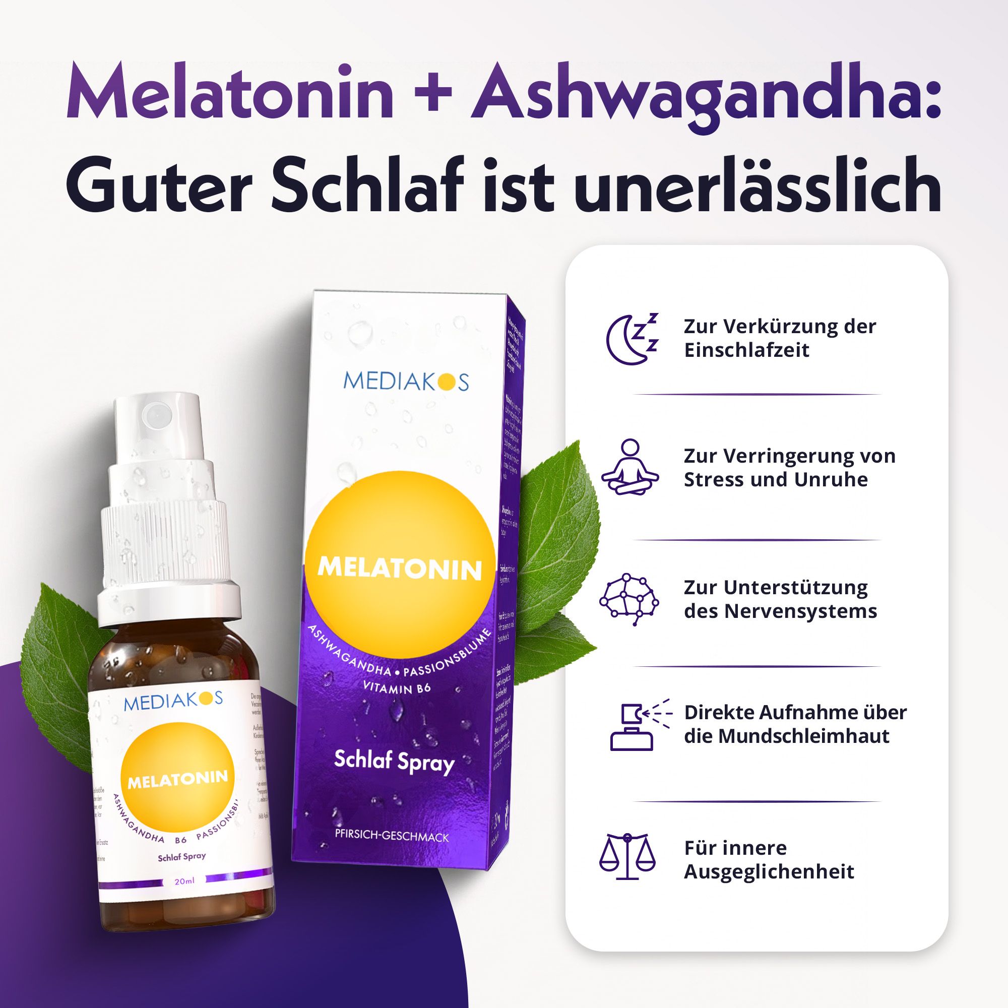 Mediakos Melatonin + Ashwagandha Schlaf Spray: Für verkürzte Einschlafzeit und Nervensystem.