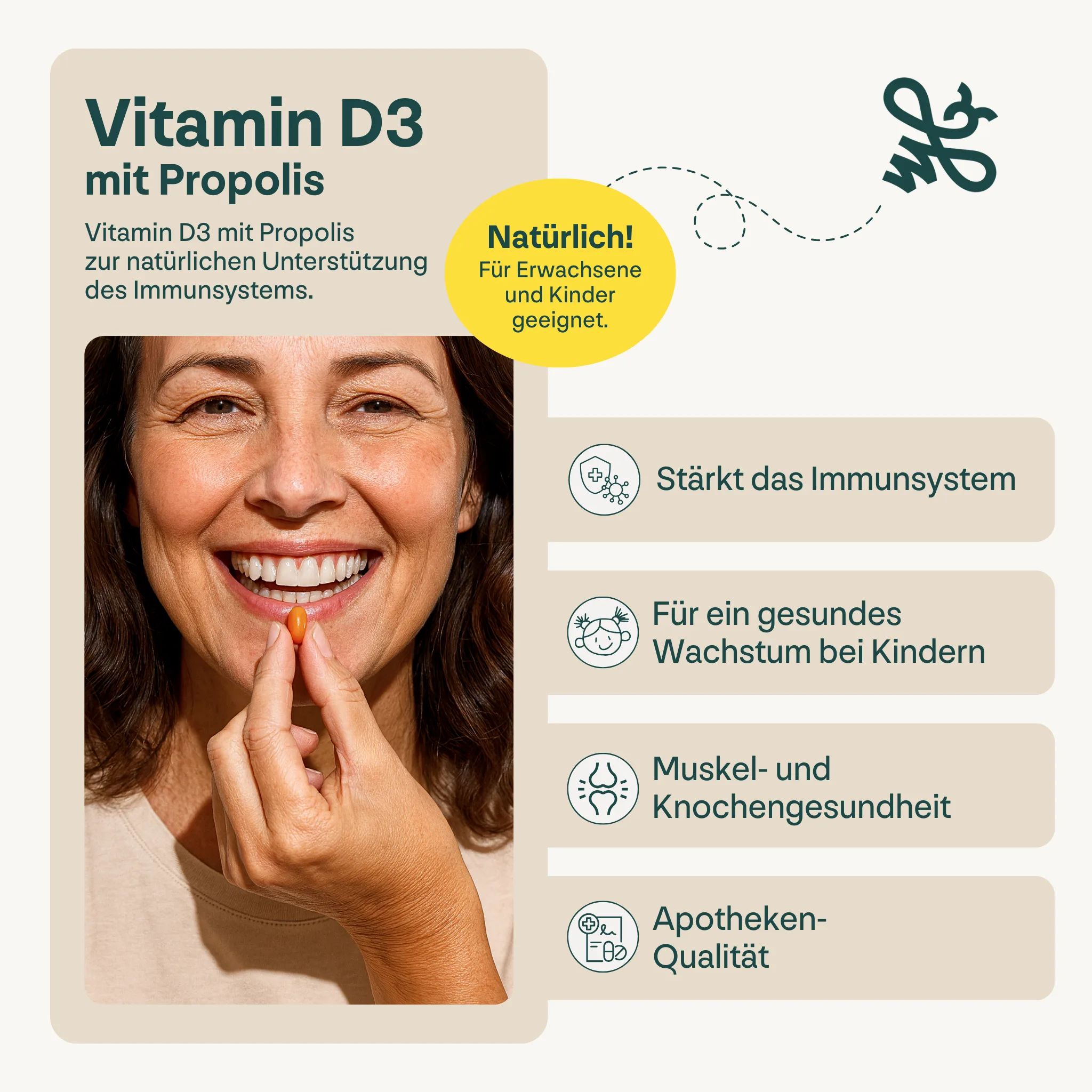 Frau hält eine Kapsel heybee Vitamin D3 mit Propolis. Gelbes Etikett, Text: Vitamin D3 mit Propolis. Apotheken-Qualität.