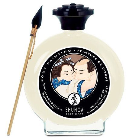 Flasche Körperfarbe Vanille & Schokolade mit einem daneben liegenden Applikatorstab.