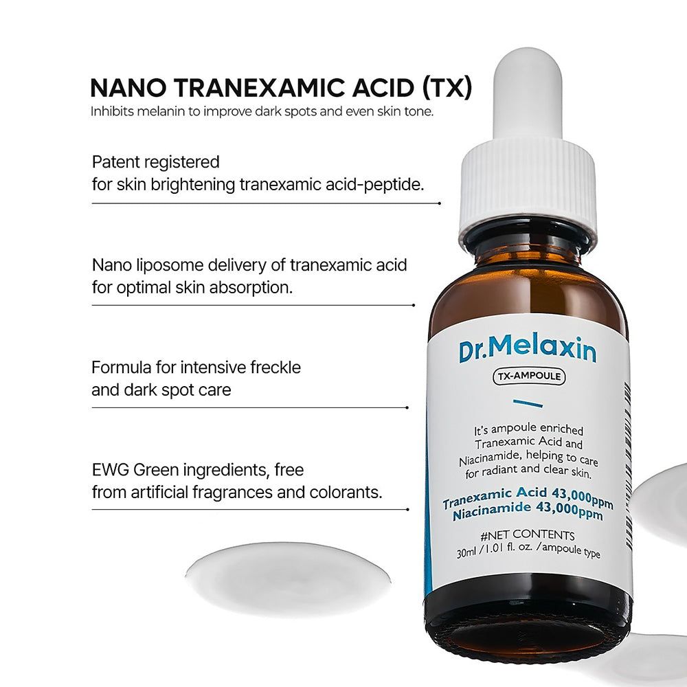 Braune Glasflasche mit weißem Tropfer. Aufschrift: Dr. Melaxin TX-Serum. Text über Tranexamsäure und Niacinamid.