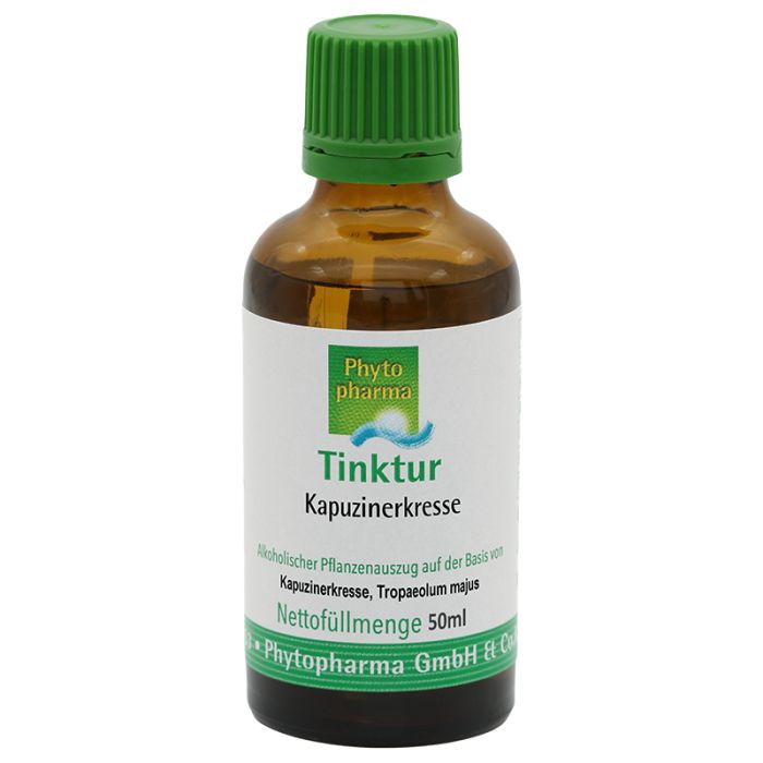 Braune Glasflasche mit grünem Deckel. Etikett mit "Tinktur Kapuzinerkresse" und "Phyto pharma" Logo. Nettofüllmenge 50ml.