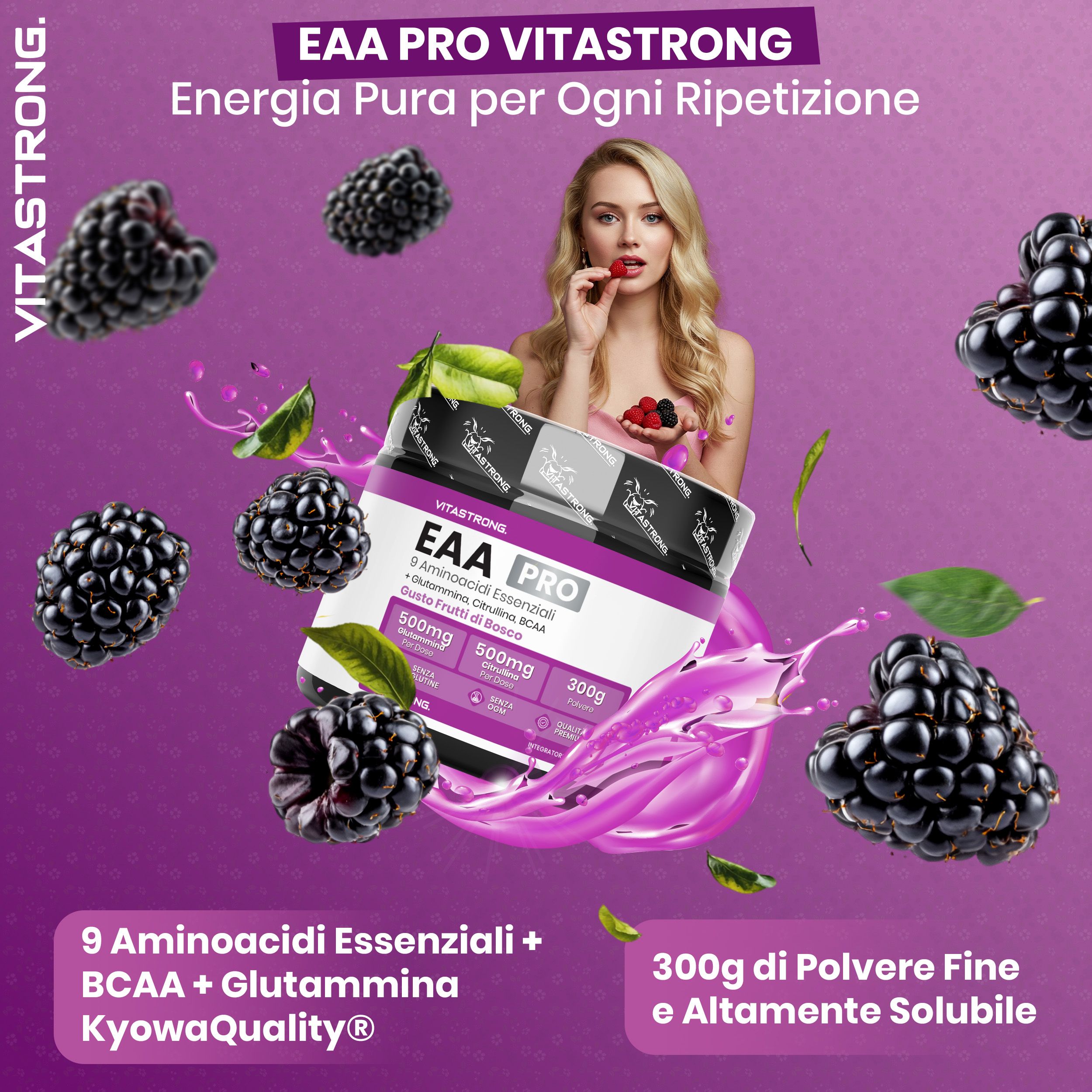 Vitastrong EAA Pro, Beeren-Geschmack. Dose mit Pulver, Brombeeren und Blätter. Frau mit Brombeere.