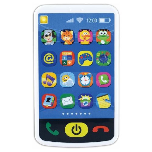 Spielmaus Activity-Smartphone. Weißes Smartphone mit bunten App-Symbolen. Oben: Uhrzeit, Akkuanzeige. Unten: Telefonhörer- und Power-Symbol. Ohne Verpackung.