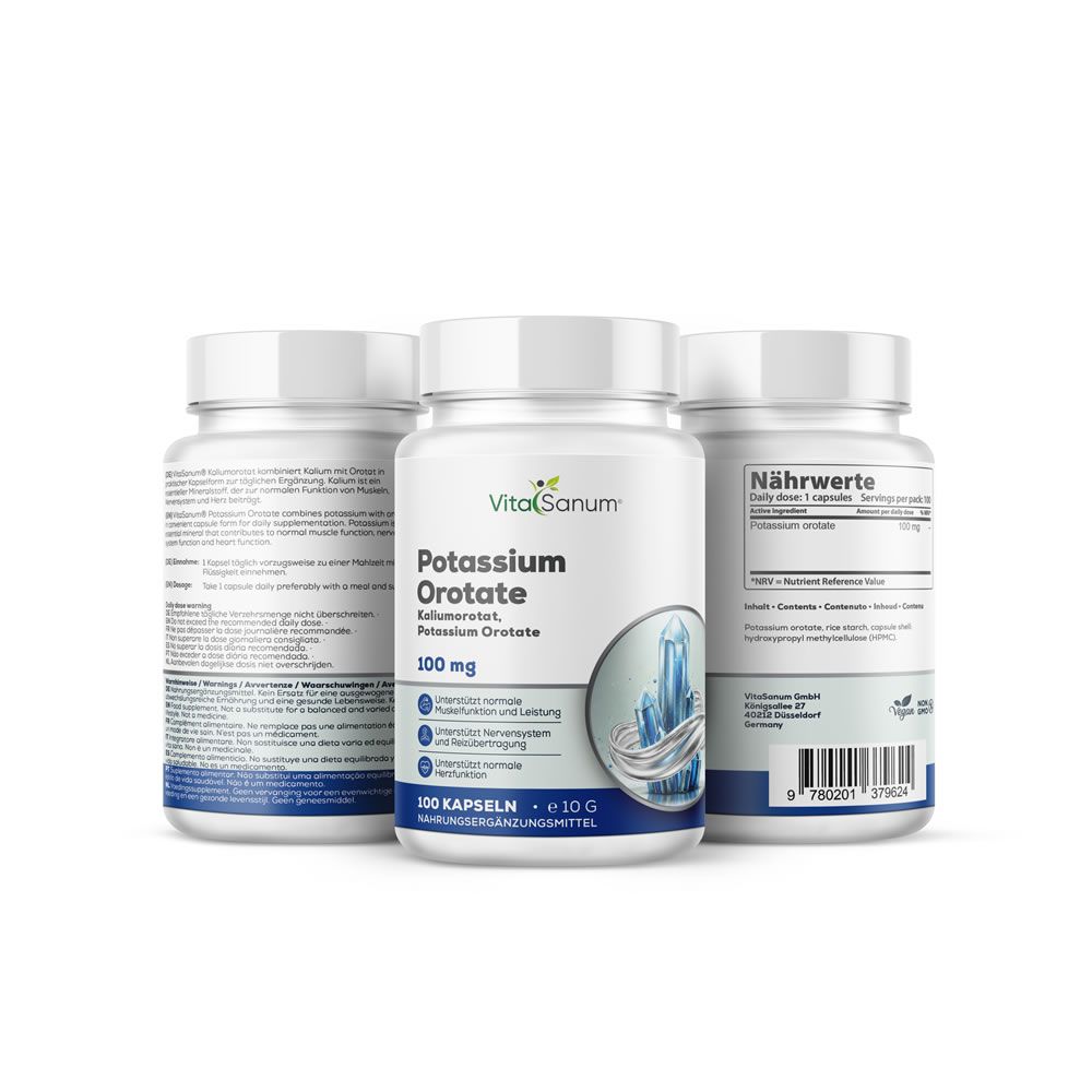 Drei weiße Flaschen mit VitaSanum®-Etikett. Beschriftung: Kaliumorotat, 100 mg. Enthält 100 Kapseln. Rückseite mit Nährwertangaben.