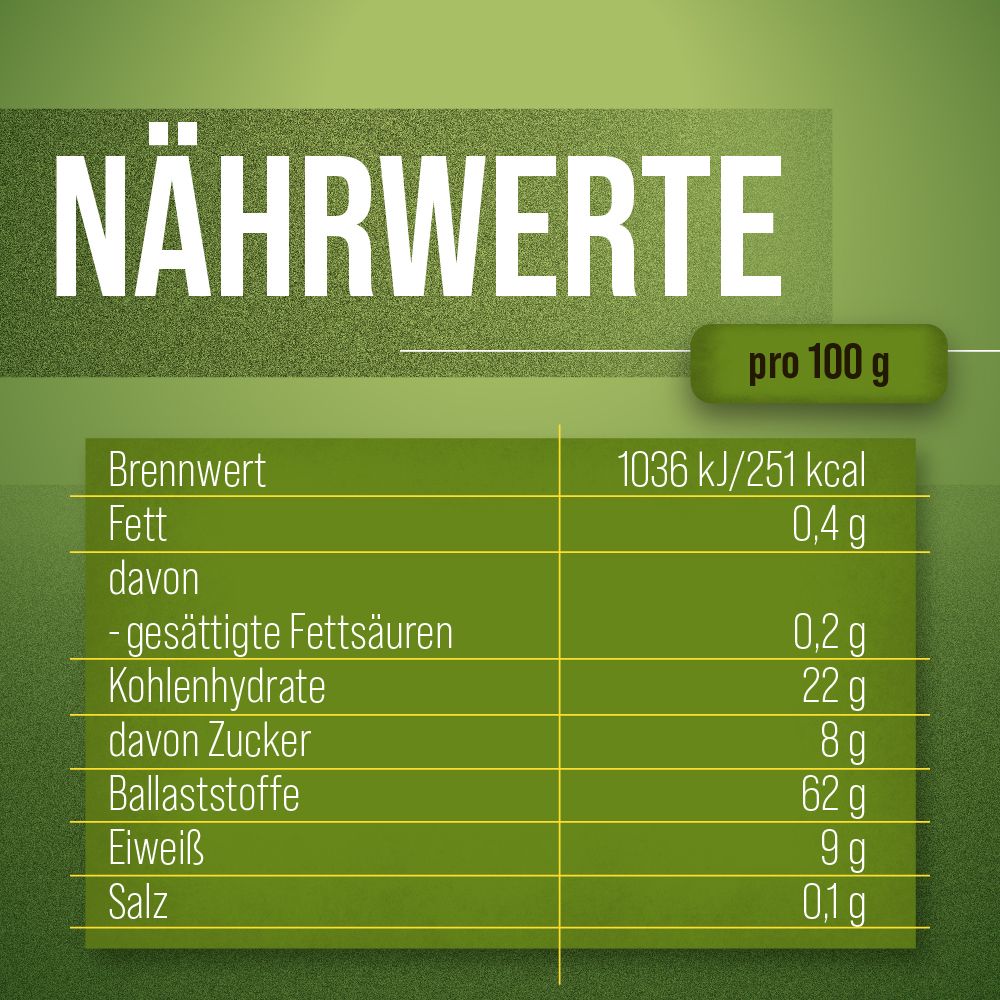 Nährwerttabelle für Bio-Gerstengras-Pulver. Zeigt Brennwert, Fett, Kohlenhydrate, Ballaststoffe, Eiweiß und Salz.