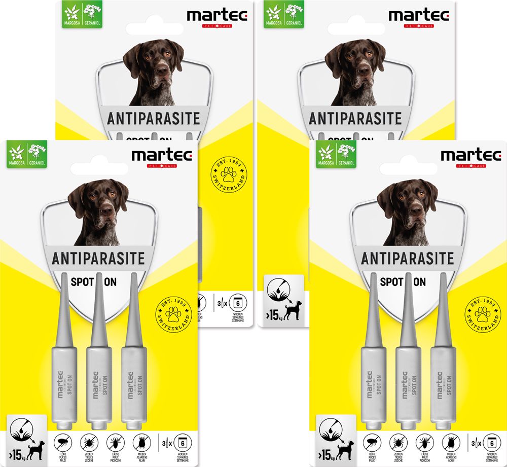 Verpackung mit vier Spot-On-Pipetten. Aufdruck: Antiparasite, martec, Hund. Schweizer Qualitätssiegel.