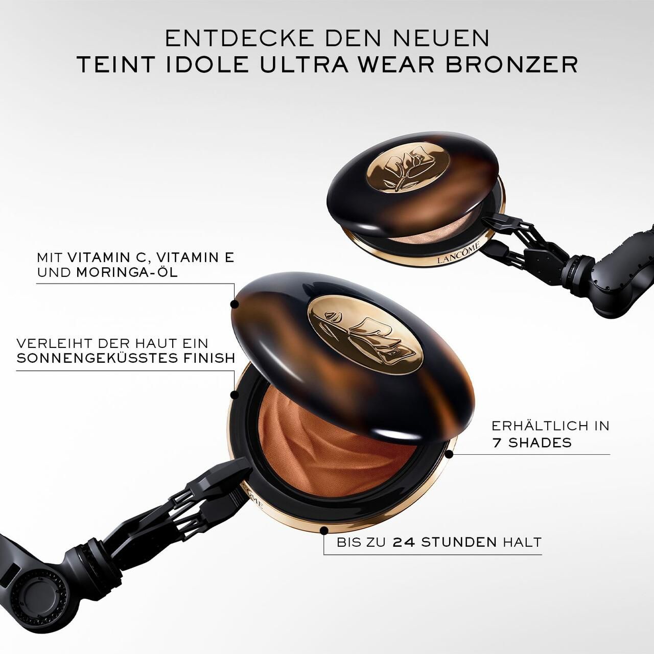 Lancôme Teint Idole Ultra Wear Bronzer in einem braunen Tortoiseshell-Etui mit goldenem Logo. Pulver mit Rillenmuster.