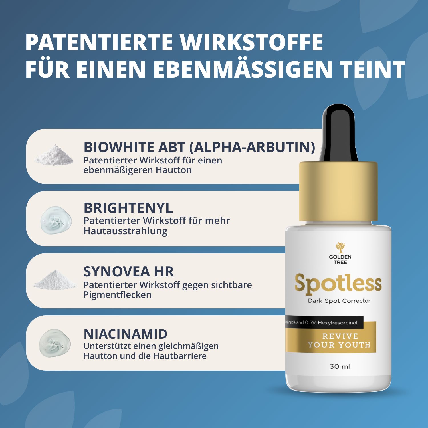 Golden Tree Spotless Serumflasche mit Pipette, daneben Darstellungen von Wirkstoffen.