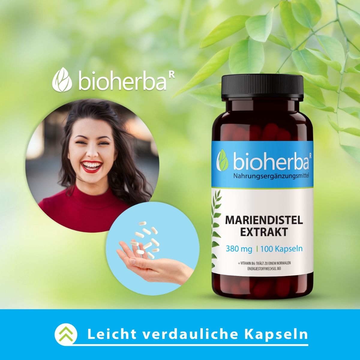Frau lächelt. Flasche mit Kapseln. Etikett mit Mariendistel Extrakt. Text: 380 mg | 100 Kapseln. Logo Bioherba. Leicht verdauliche Kapseln.