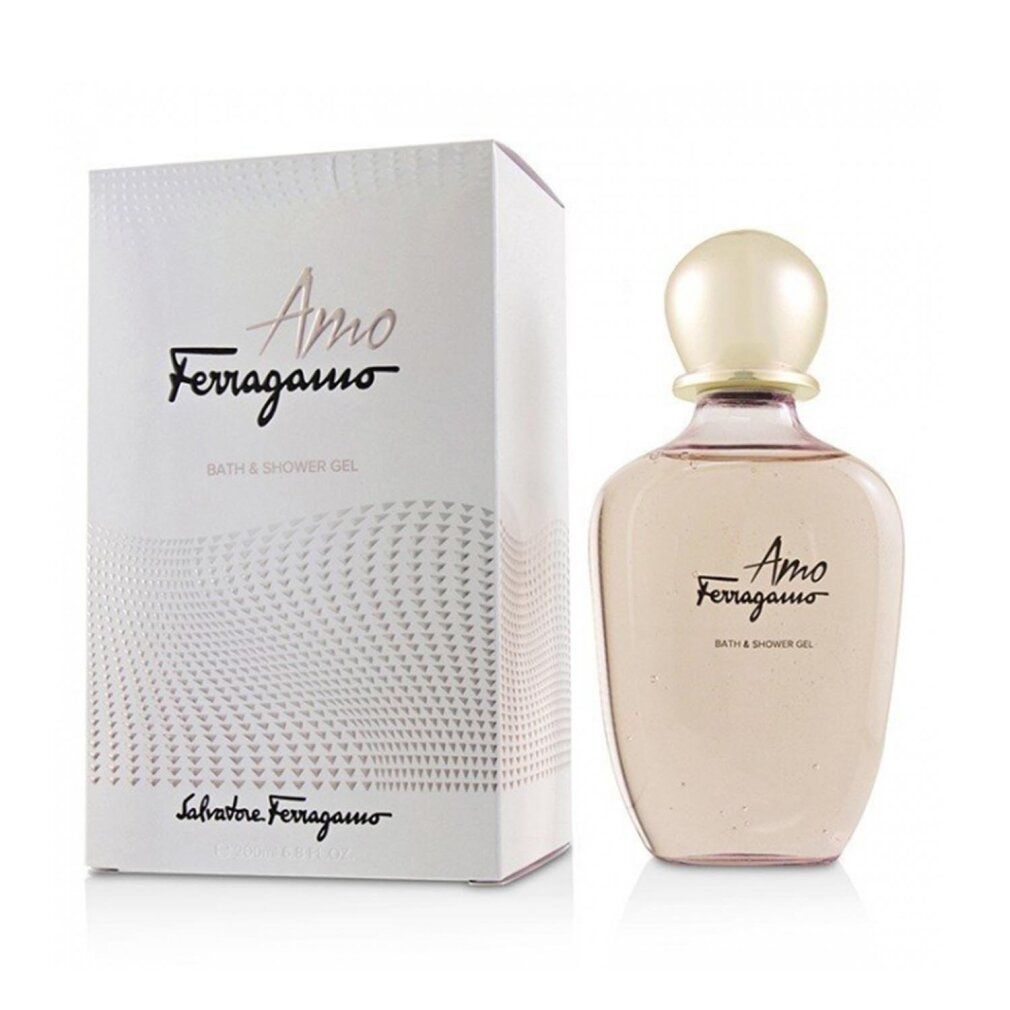 Weiße Schachtel und Flasche. Aufschrift Amo Ferragamo, Bath & Shower Gel und Salvatore Ferragamo.